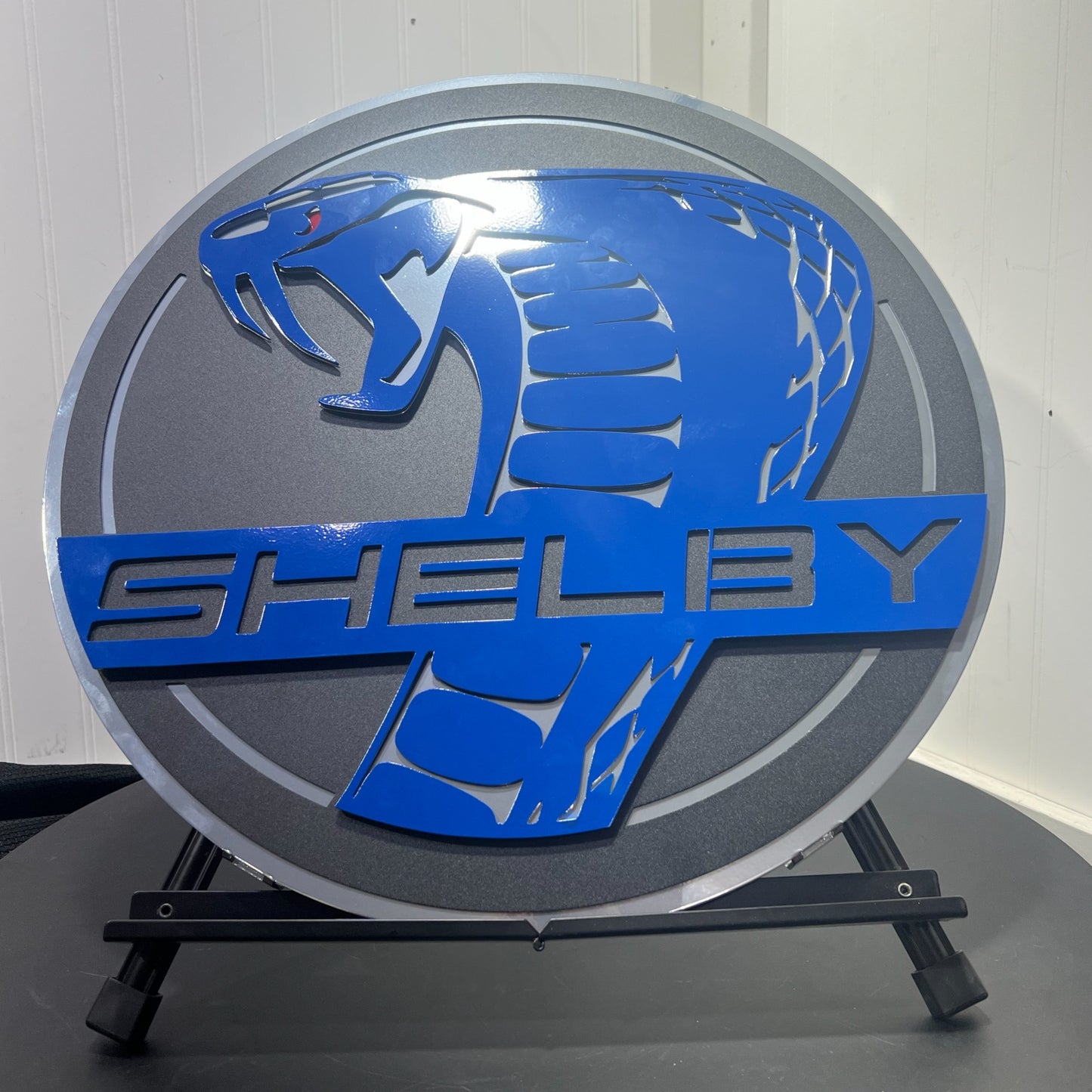 Blue Shelby Cobra Medallion Metal Art Stand