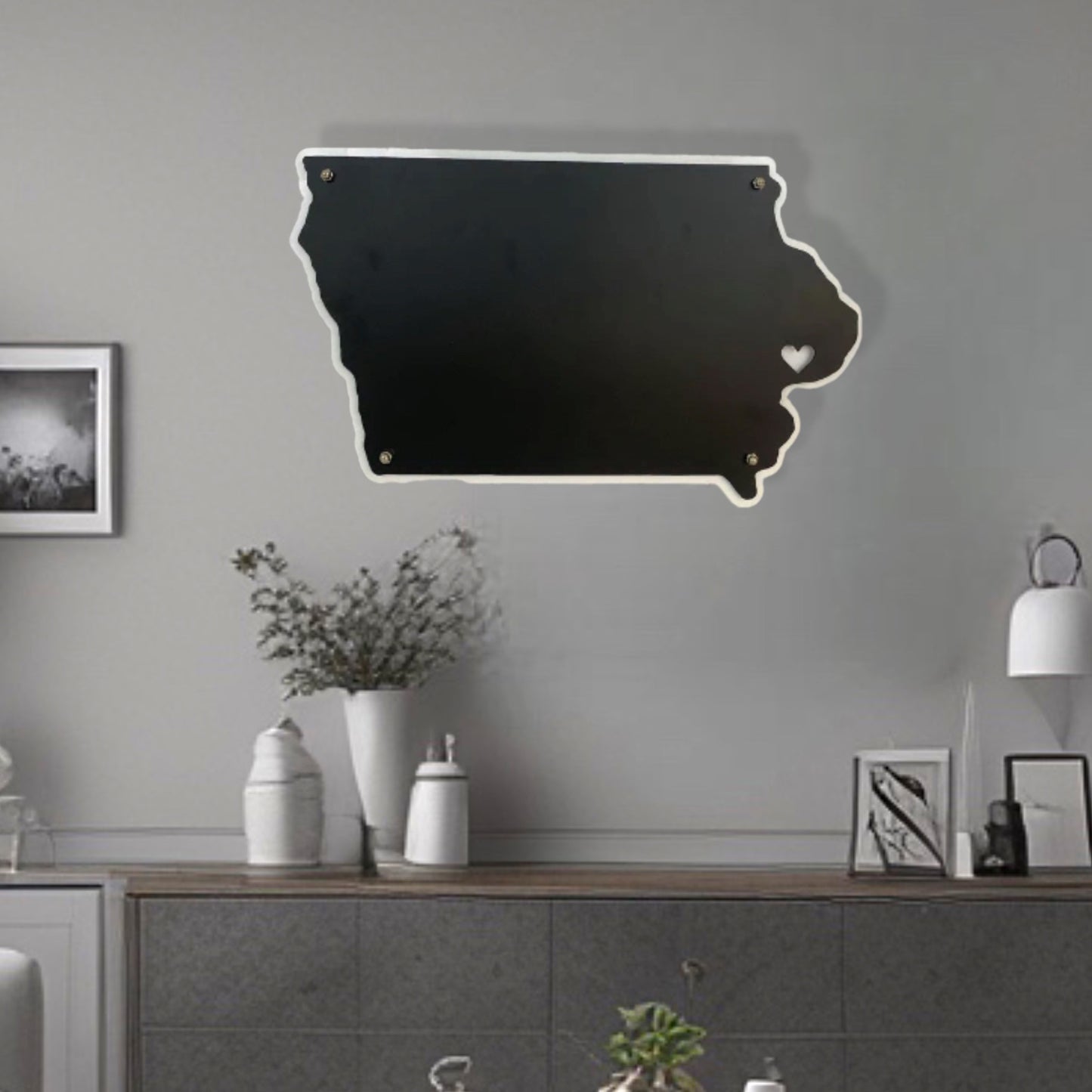 Iowa Shaped Sign with Heart On Location