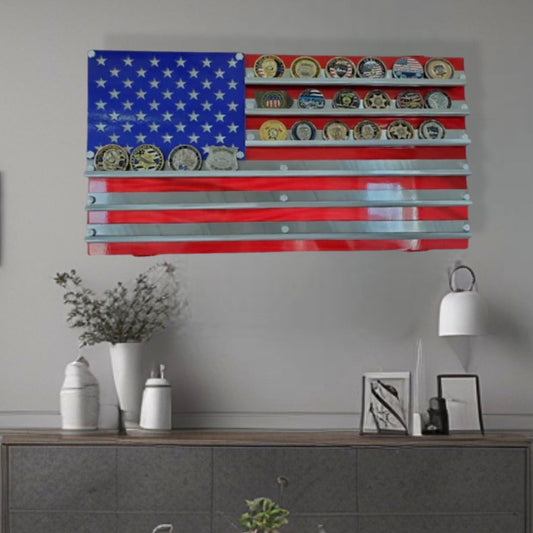 Wall Decor Of Challenge Coin Flag (American, Blue Line, Red Line)