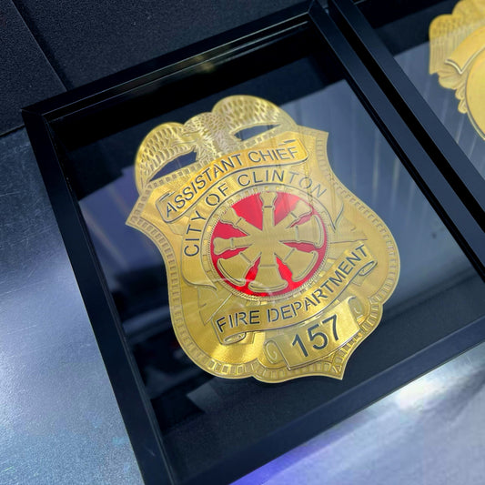 12" Custom Badge in Shadowbox with Engraved Plaque