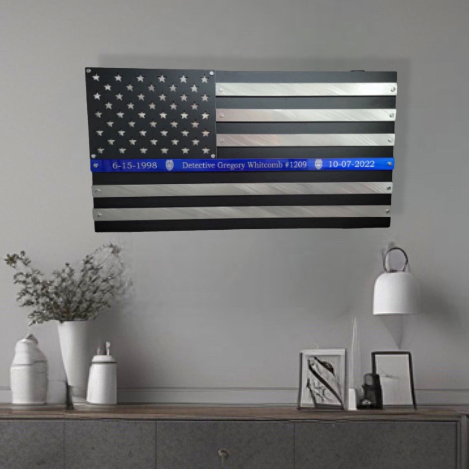 Wall Decor 2 Layer Blue Line Flag Metal Art