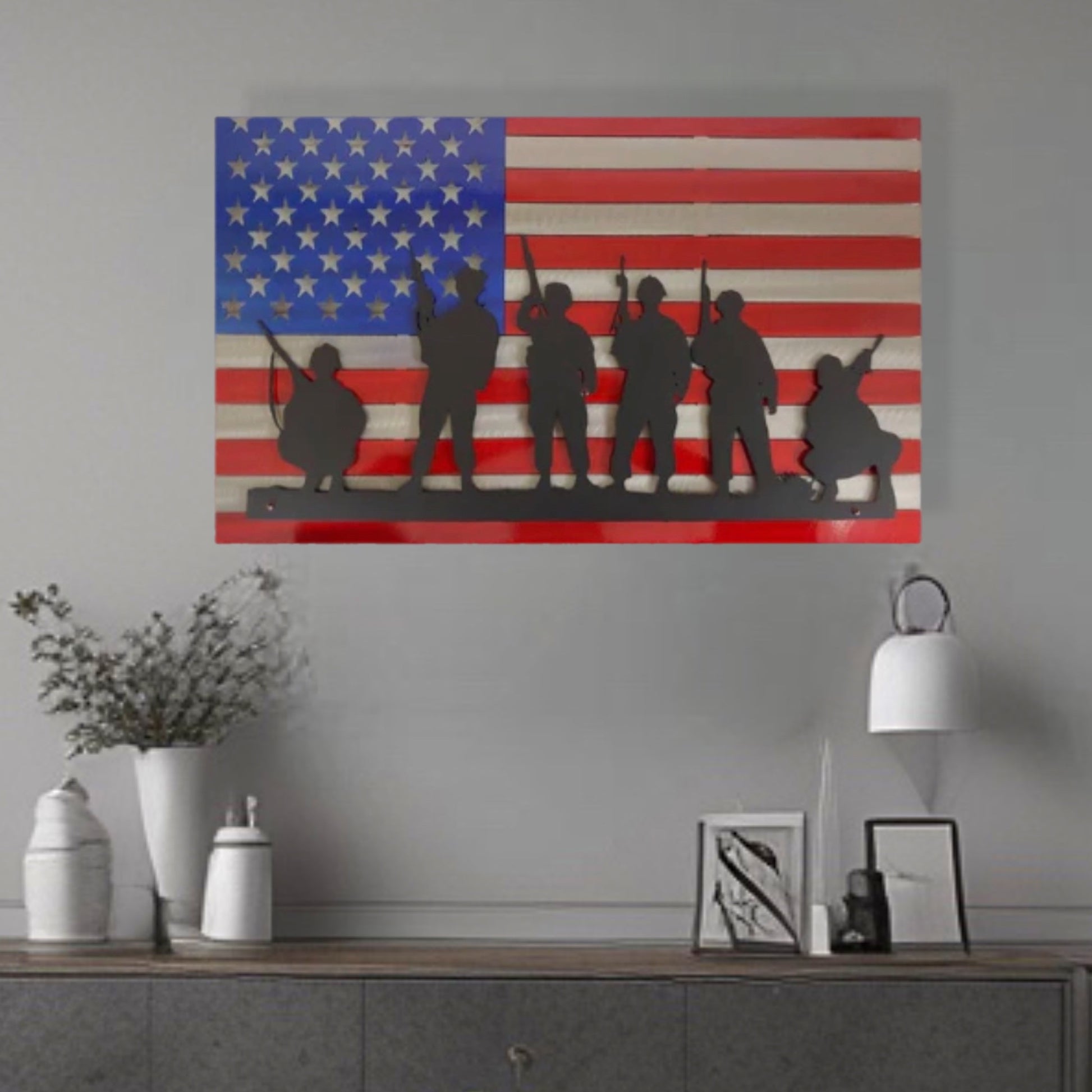 Metal Art American Flag with Soldiers Wall Decor