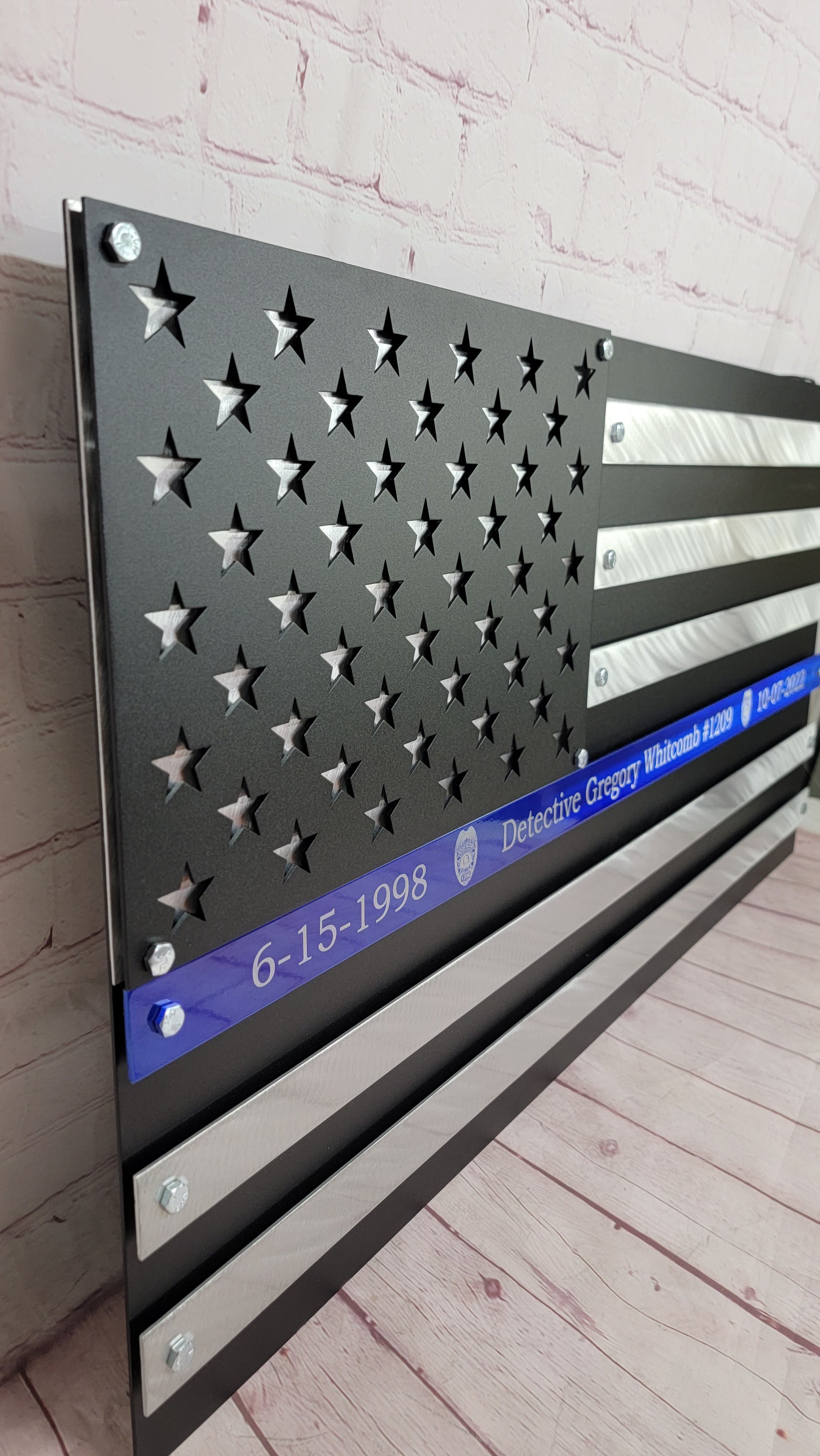 Side View Of Metal Blue Line American Flag