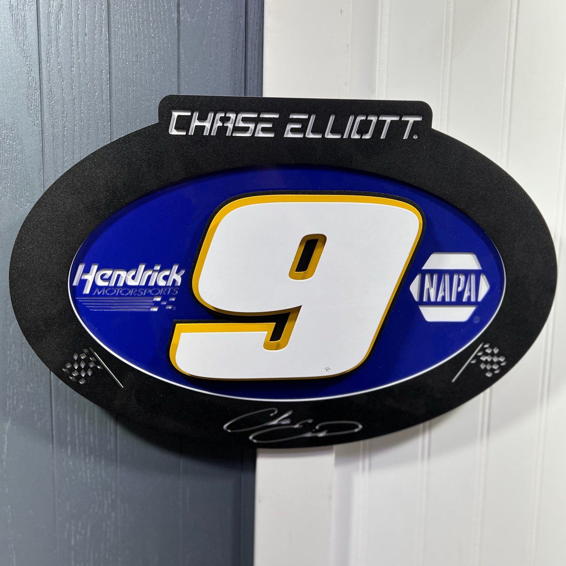 Chase Elliott #9 Oval 3D Sheet Metal Sign Only On Wall