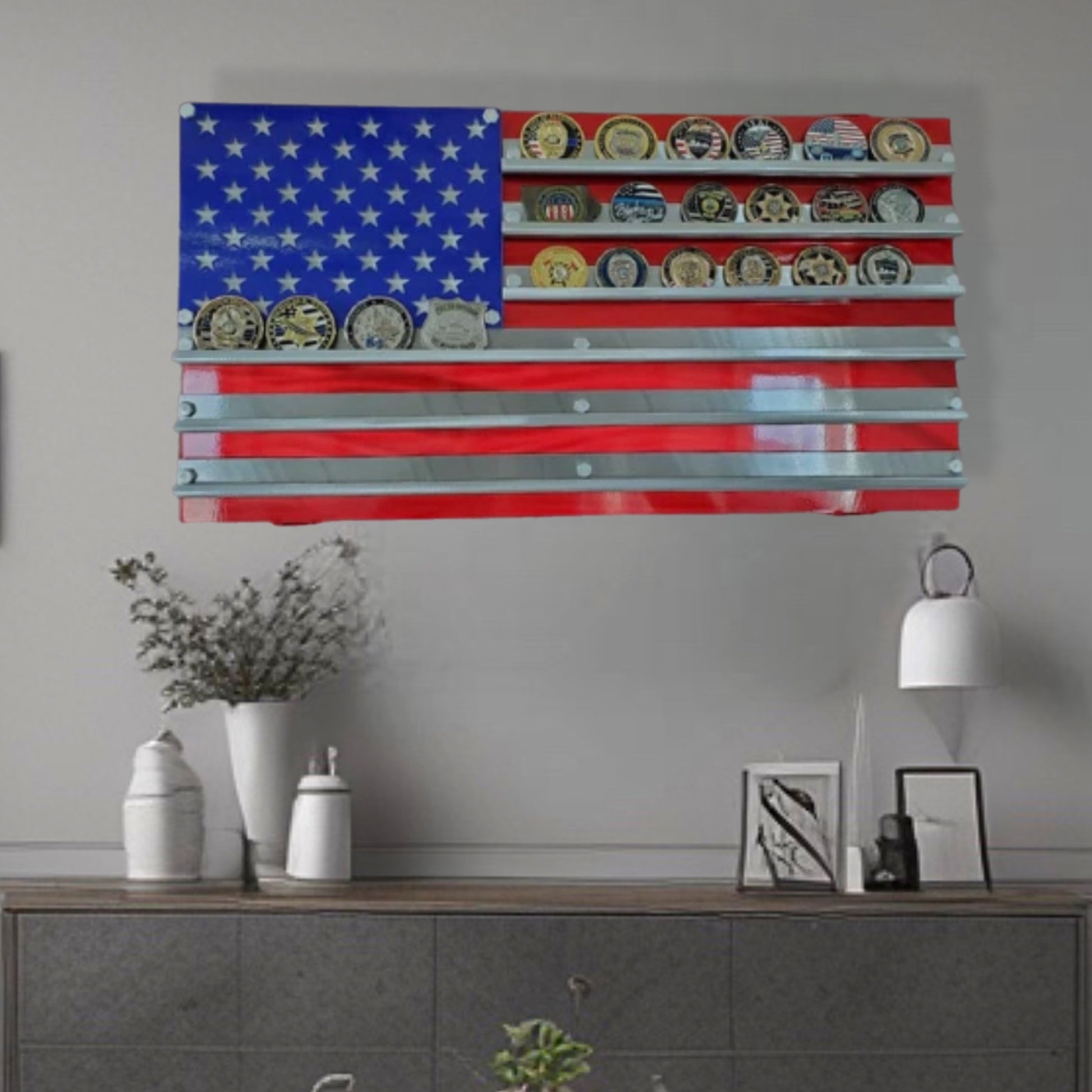 Wall Decor Of Challenge Coin Flag (American, Blue Line, Red Line)