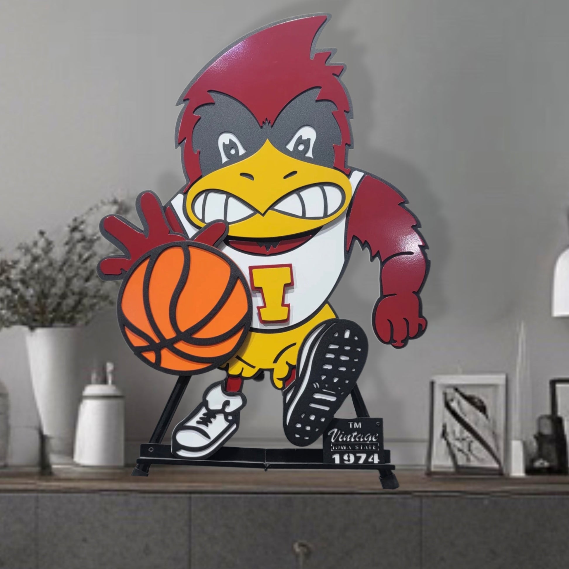 Metal Art Iowa State Basketball Vintage Mascot On Stand