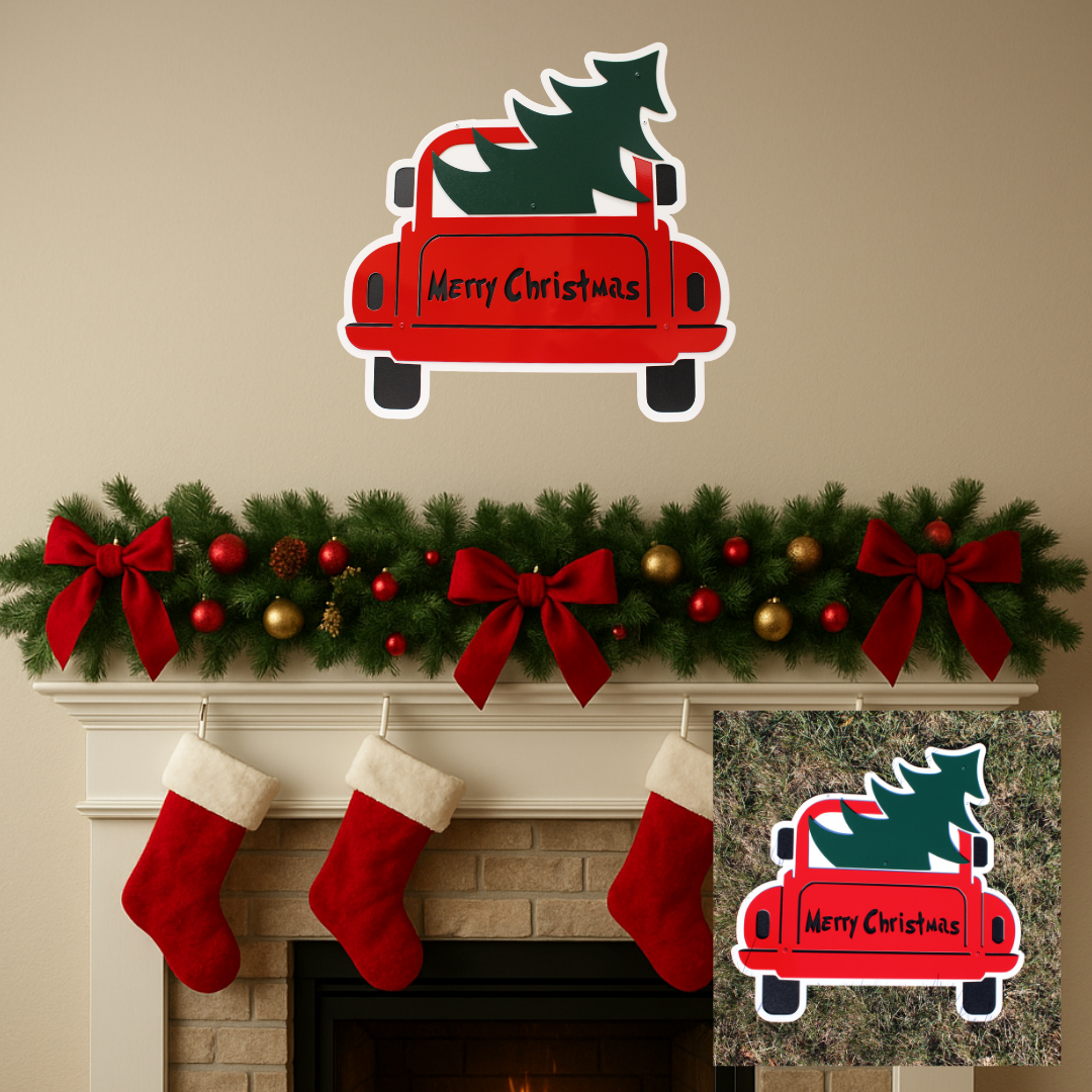 Merry Christmas Truck with Tree Sign